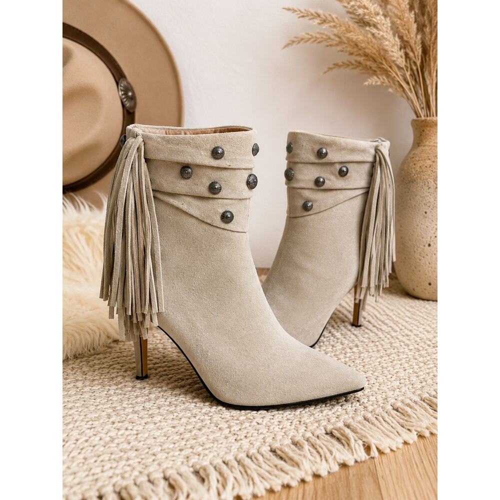 PAIGE Beige Suede Fringe Studded Western Ankle Boots Size 8